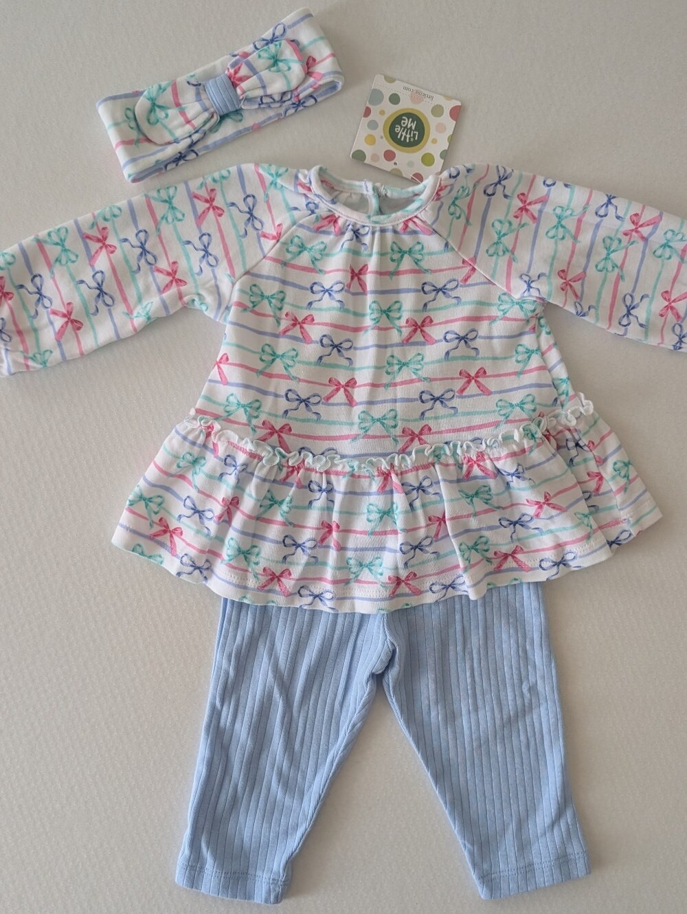 NWT Little Me Baby Girls Ribbons Tunic Pants Headband Cotton Ribbon Set 9M